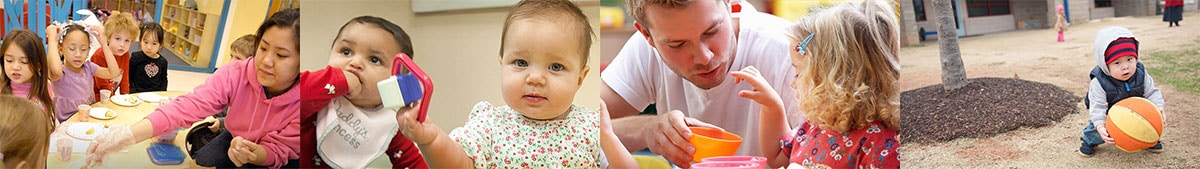 A collage of children at play and early care professionals working with children