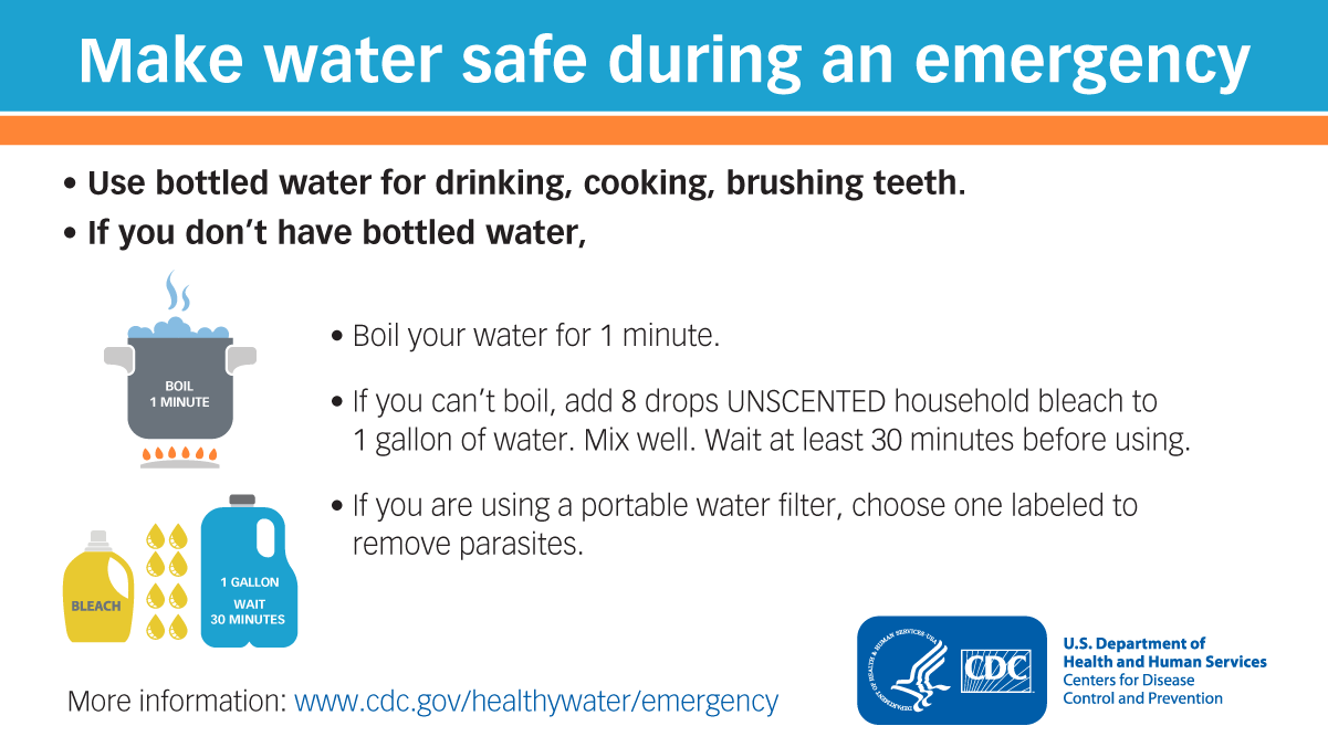 Illustration of a pot of water boiling for one minute and a bottle of bleach with 8 drops being added to 1 a gallon jug of water. Text on the graphic says, “Make water safe during an emergency. Use bottled water for drinking, cooking, brushing teeth. If you don’t have bottled water, boil you water for 1 minute. If you can’t boil, add 8 drops UNSCENTED household bleach to 1 gallon of water. Mix well. Wait at least 30 minutes before using. If you are using a portable water filter, choose on labeled to remove parasites.”