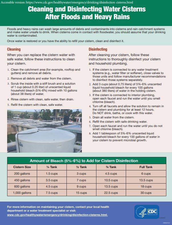 Small image of a factsheet about cleaning and disinfecting water cisterns after floods and heavy rains