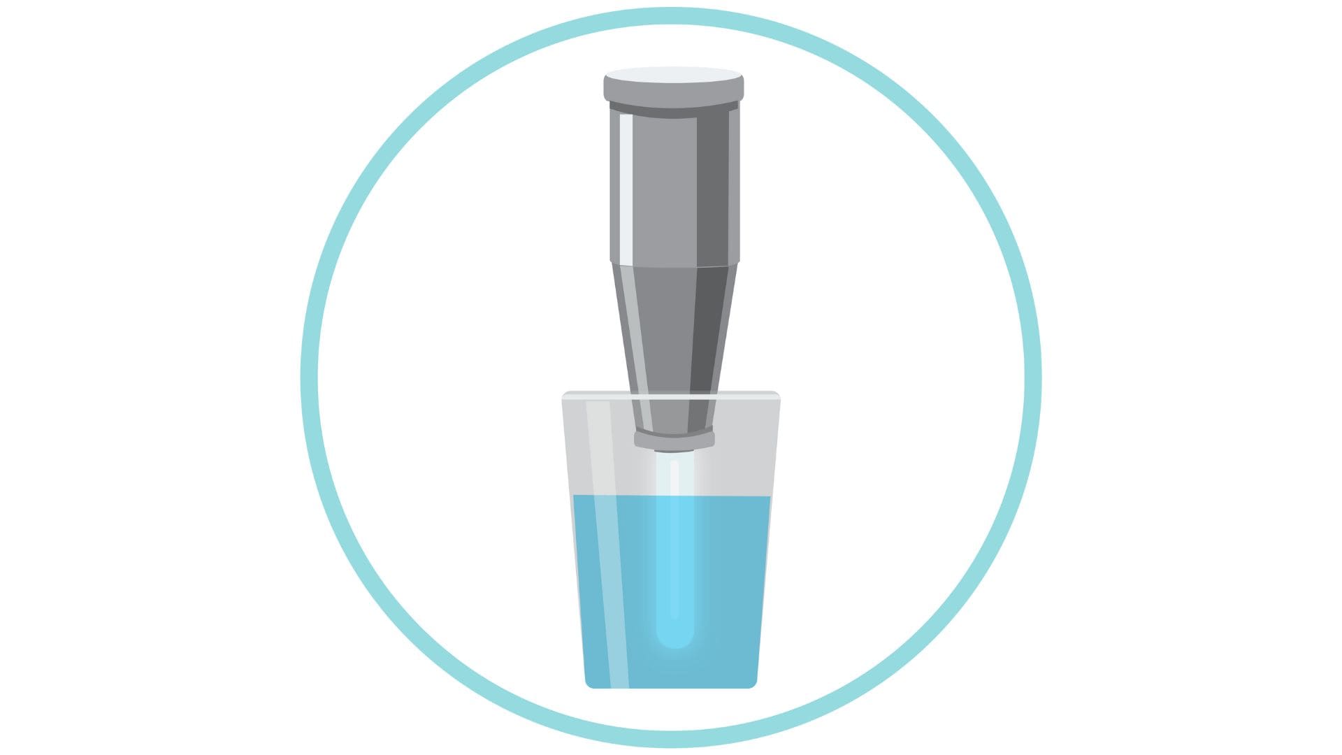 Illustration of the wand of a portable UV light unit in a glass of clear water