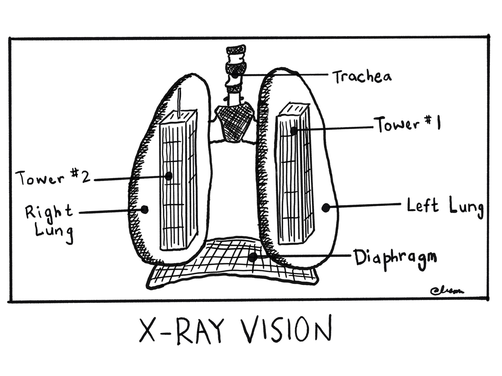 Artful drawing of lungs with the World Trade Center Towers represented in each lung