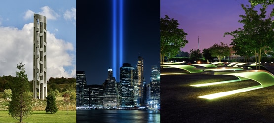 New York City Skyline at night and 911 Memorial Park.