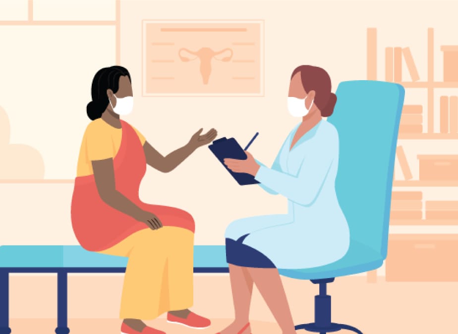 Graphic depicting a female patient speaking with a doctor in their office.