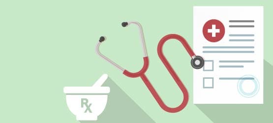 Graphic of printed prescription, stethoscope, and a motor and pestal.