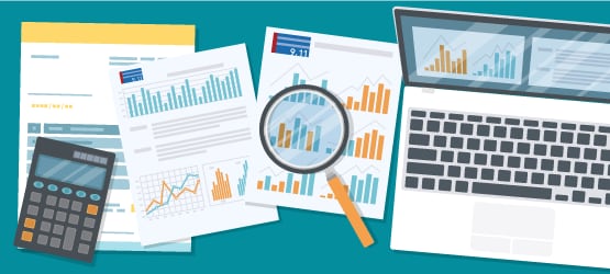 Graphic of data charts, papers, a computer, calculator, and clipboard