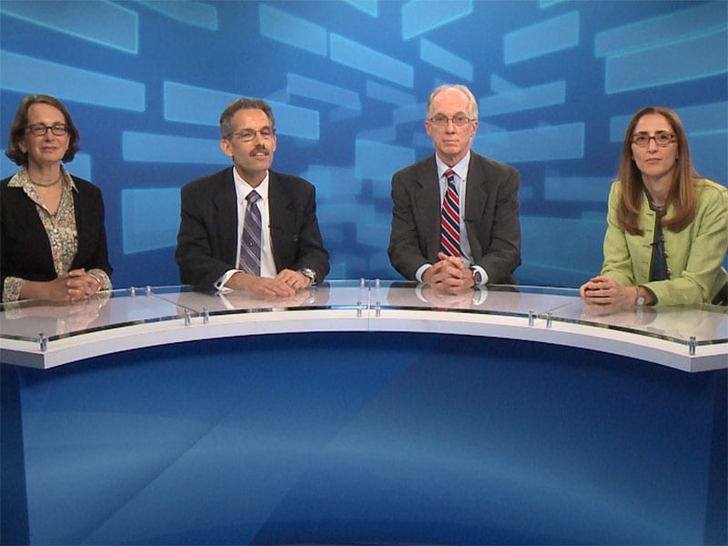 Dr. Reibman, Dr. Prezant, Dr. Crane, and Dr. Nomi Levy-Carrick sitting around a semi-circular desk preparing to discuss Airway, Digestive and Mental Health Conditions in WTC Responders and Survivors